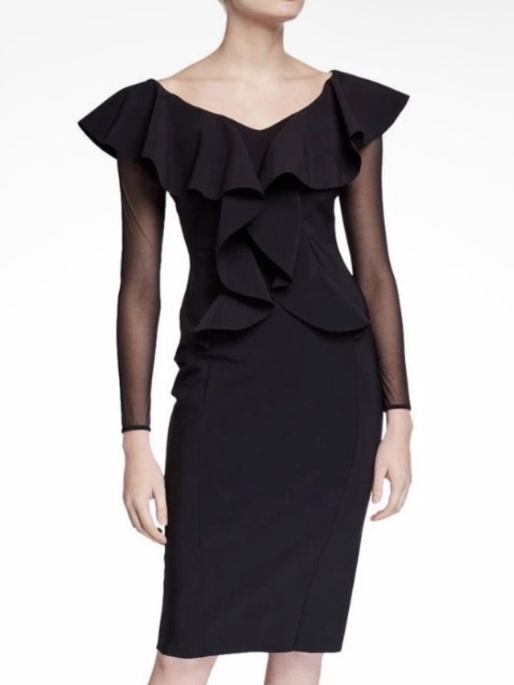 Chiara Boni La Petite Robe Black Ruffle Mesh Sleeve Dress IT 42 US 6